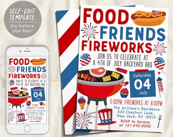 May include: A patriotic invitation design for a 4th of July backyard BBQ. The invitation features red, white, and blue colors, with illustrations of a hot dog, grill, fireworks, and other festive elements. The text reads "Food, Friends, Fireworks."