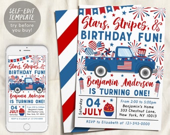 May include: A printable invitation for a first birthday party with a red, white, and blue theme. The invitation features a blue pickup truck with a red, white, and blue American flag on the back. The truck is carrying a variety of red, white, and blue decorations, including balloons, pinwheels, and fireworks. The text on the invitation reads "Stars, Stripes, & Birthday Fun!" and "Benjamin Anderson is turning one!" The invitation also includes the date and time of the party, the location, and the RSVP information.