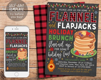 Flannel and Flapjacks Holiday Brunch Invitation Editable Template, Pancakes and Pajamas Christmas, Xmas Party Buffalo Plaid Holiday Invite