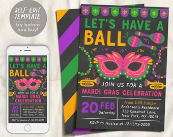 Redigerbar mall för Mardi Gras-inbjudan, inbjudan till "Lets Have A Ball", utskrivbar "Fat Tuesday Party", maskeradfest i New Orleans, karneval
