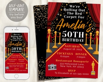 Plantilla editable de invitación de cumpleaños de alfombra roja, invitación a fiesta VIP de Hollywood para adultos, fiesta de glamour de estrella de cine, 50 60 cumpleaños oro negro rojo