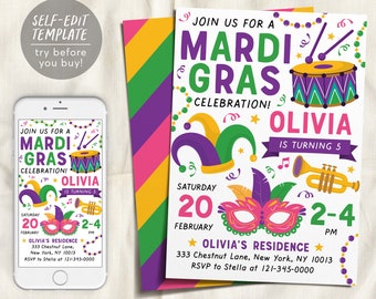 May include: A Mardi Gras themed birthday party invitation for a girl turning five. The invitation features a purple, green, and gold colour scheme with a drum, jester hat, mask, and trumpet. The text reads "Join us for a Mardi Gras Celebration! Olivia is turning 5. Saturday, February 20, 2-4 PM. Olivia's Residence, 333 Chestnut Lane, New York, NY 10013. RSVP to Stella at 121-345-0000."