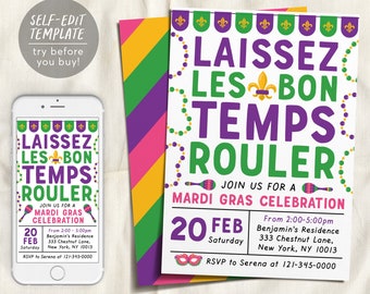 Mardi Gras Invitation Redigerbar mall, Laissez Les Bon Temps Rouler Invitation, Fat Tuesday Party Printable, New Orleans Masquerade Party