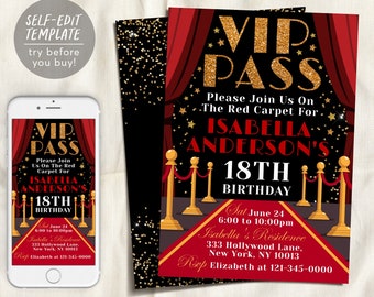 Plantilla editable de invitación de cumpleaños de pase VIP, invitación a la alfombra roja de Hollywood, quinceañera de fiesta glam de estrella de cine, 18 cumpleaños oro negro rojo