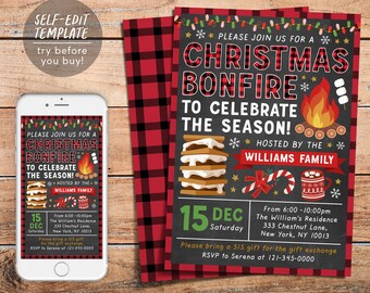 Christmas Bonfire Invitation Editable Template, Winter Xmas Campfire Smores Outdoor Party Invite, Rustic Flannel Holiday Evite Printable