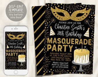 Masquerade Birthday Invitation Editable Template, 30th Birthday Mask Masked Ball NYE Invite, Gold Mask Tuxedo Evite Printable For Adults