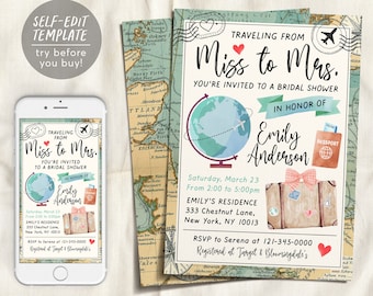 Traveling from Miss to Mrs Invitation Editable Template, Travel Bridal Shower Invite Printable, Vintage World Map Globe Passport Suitcase