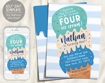 Ice Cream Birthday Party Invitation Editable Template, I Scream You Scream We All Scream Four Ice Cream Truck 4th Birthday Boy Summer Invite