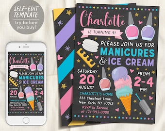 Manicures And Ice Cream Birthday Party Invitation Editable Template, Pedicures Mani Pedi Spa Day Chalkboard Invite Girl Teen Tween Printable