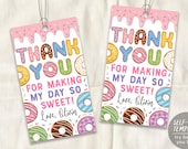 Donut Thank You Tags Editable Template, Donut Sprinkles Girl Birthday Party Favor Tag, Sweet One Doughnut Decoration Decor Favour Printable
