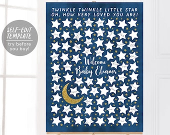 Editable Twinkle Twinkle Little Star Baby Shower Guest Book Alternative Template, Sign a Star, Galaxy Moon Stars Gender Neutral Guestbook