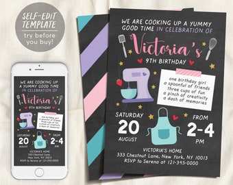 Editable Kids Cooking Birthday Invitation Template,  Kitchen Cooking Class Birthday Invite, Cupcake Baking Party, Girl Chef Baking Evite