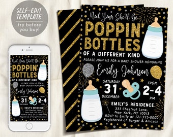 Redigerbar mall för nyårsbabyshowerinbjudan, Poppin Bottles-festinbjudan, babyströssel, könsavslöjande för december till nyår