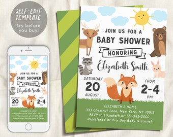 Editable Forest Animals Baby Shower Invitation Template, Gender Neutral Invite Woodland Creatures Greenery Theme Printable Evite, Deer Bear