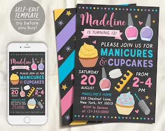 Manicures And Cupcakes Birthday Party Invitation Editable Template, Pedicures Mani Pedi Spa Day Chalkboard Invite, Girl Teen Tween Printable