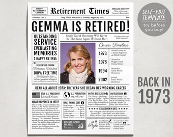 Editable Retirement Gift for Administrative Assistant Template, Retirement Gifts For Architect, Retirement Sign, Newspaper Back in 1973