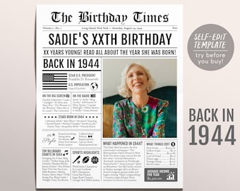 Back in 1944 Birthday Newspaper Editable Template, 79 80 81 Years Ago, 79th 80th 81st Birthday Sign Decorations Decor for Men or Women