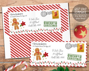 Plantilla editable de sobre de carta a Papá Noel, dirección de sobre de lista de deseos de Navidad imprimible Querido kit de cartas de Papá Noel, carta al Polo Norte