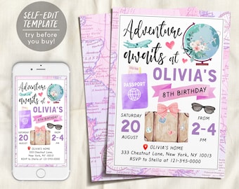Adventure Awaits Travel Girl Birthday Party Invitation Editable Template, Around the World Pink Purple Vintage Map Passport Digital Invite