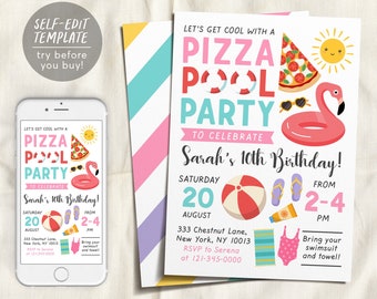 Pizza Pool Party Birthday Invitation Editable Template, Girl Swimming Summer Themed Evite, Pizza Party Bash Splish Splash Digital Invitation