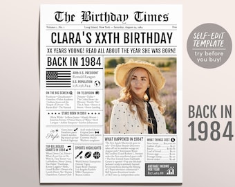 Back in 1984 Birthday Newspaper Editable Template, 39 40 41 Years Ago, 39th 40th 41st Birthday Sign Decorations Decor for Men or Women