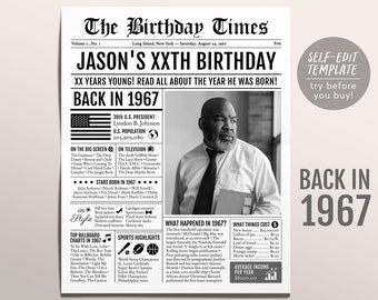 Back in 1967 Birthday Newspaper Editable Template, 56 57 58 Years Ago, 56th 57th 58th Birthday Sign Decorations Decor for Men or Women