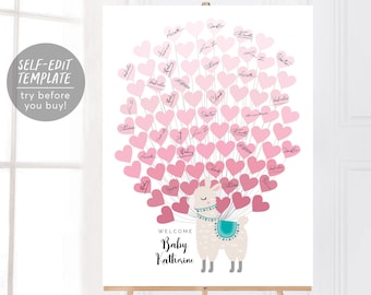 Editable Llama Heart Balloons Baby Girl Baby Shower Guest Book Alternative Template, Alpaca Theme Guestbook Sign, Animal Sign-In Balloon