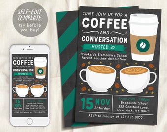 Coffee and Conversation Party Invitation Editable Template, Breakfast HOA PTA PTO School Staff Invite Printable, Coffee Cup Digital Evite