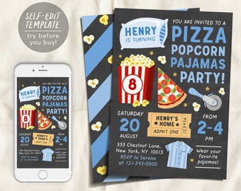 Pizza Popcorn en pyjama Party Boy verjaardag uitnodiging sjabloon, film Party Evite, schoolbord Slumber Party, Sleepover verjaardag digitaal