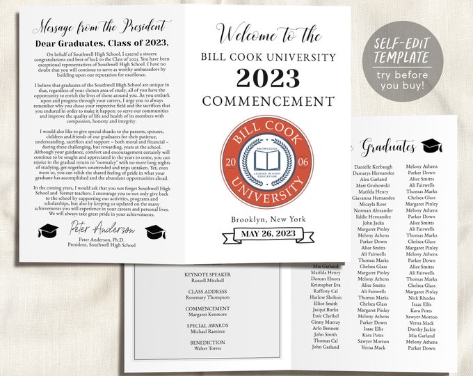 School Graduation Format Program Graduation Program Template, Printable Pamphlet, Editable Word Doc ...