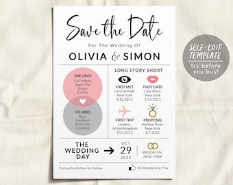 Save the Date Wedding Template Editable, Long Story Short Save the Date Printable, Modern Wedding Infographic, Wedding Invitation