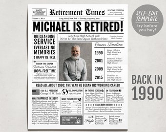 Editable Retirement Celebration Sign, Unique Newspaper Retirement Gifts for Men Women, Vice Assistant Principal Gift, History Back in 1990