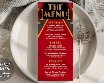 Red Carpet Dinner Menu Editable Template, Hollywood VIP Pass Sweet Sixteen Birthday Menu, Prom Wedding Movie Star Glam Party Food and Drink