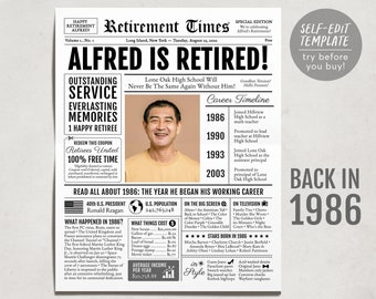 Retirement Gift for Men or Women, Editable Retirement Card Poster Sign, Unique Retirement Party Decoration, Newspaper Back in 1986