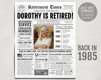 Retirement Gift for Men or Women Personalized, Retirement Card Poster Sign, Unique Retirement Party Decoration, Newspaper Back in 1985