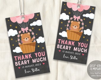 Teddy Bear GIRL Baby Shower Favor Tags Editable Template, Bear Hot Air Balloon Baby Sprinkle Thank You Gift Tag Printable, Instant Download