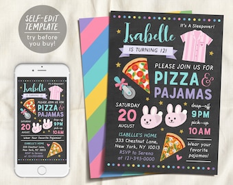 Editable Pizza and Pajamas Party Invitation Template, Kids Birthday Party Invite, Sleepover Party, Girl Teen Tween Printable, PJ Pyjamas