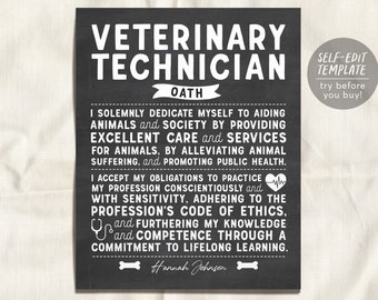 Plantilla editable para imprimir en pizarra para el juramento de técnico veterinario, decoración para la oficina del juramento de técnico veterinario, agradecimiento a graduados de veterinaria