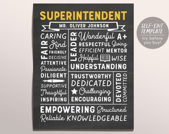 Editable Superintendent Chalkboard Gift Print Template, Custom Personalized Superintendent Teacher Appreciation Christmas, Teachers Day Gift