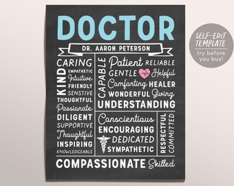 Editable Doctor Chalkboard Gift Print Template, New Doctor Appreciation Definition Print Poster, Graduation Medical Student Physician Decor