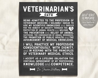 Editable Veterinarian's Oath Chalkboard Gift Print Template, Animal Doctor Gift, Vet Office Decor, Vet Graduation, Veterinary Appreciation