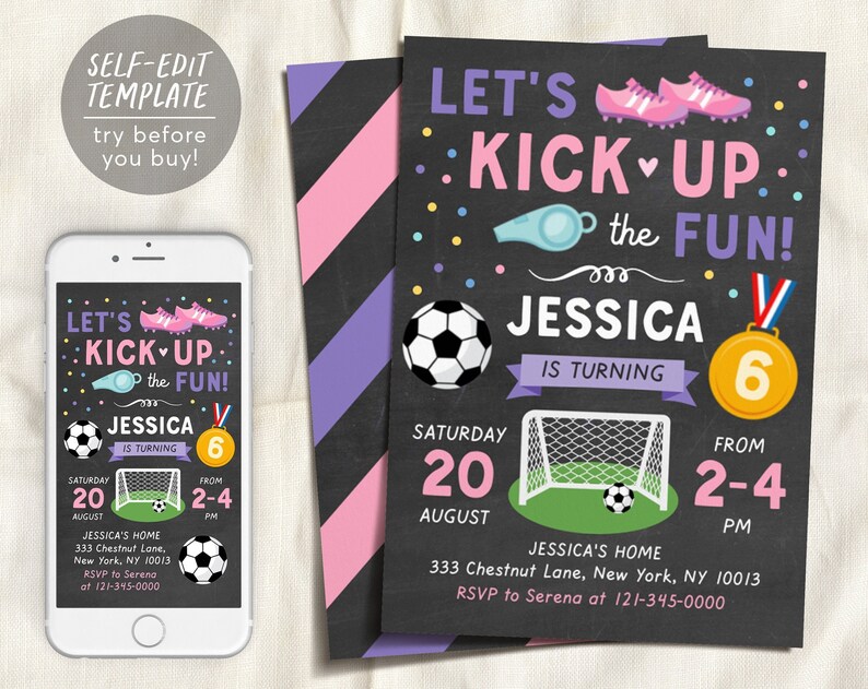 Editable Girl Soccer Kick It Birthday Party Invitation Template Kick Up the Fun Sports Birthday Invitation Sports Theme
