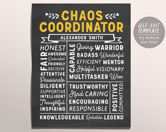 Plantilla editable para imprimir en pizarra de regalo de Coordinador del Caos, regalo divertido para el Día del Jefe, agradecimiento al gerente de oficina, regalos de Navidad, decoración de oficina