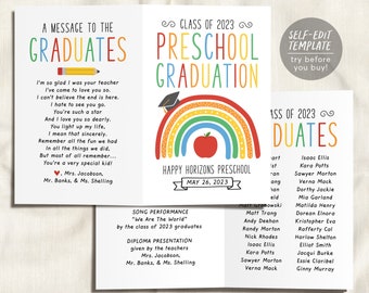 Graduation Program Editable Template for Preschool, Pre-K Ceremony Program Child Care Learning Center, Pamphlet Booklet Daycare Commencement