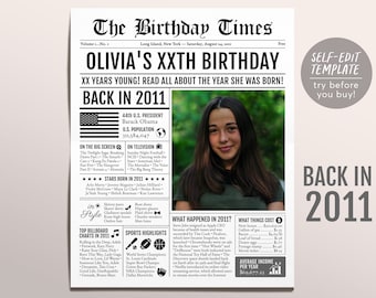 Back in 2011 Birthday Newspaper Editable Template, 12 13 14 Years Ago, 12th 13th 14th Birthday Sign Decorations Decor for Men or Women