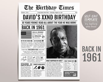 Back in 1961 Birthday Newspaper Editable Template, 62 63 64 Years Ago, 62nd 63rd 64th Birthday Sign Decorations Decor for Men or Women