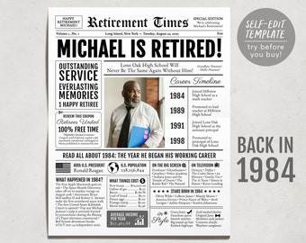 Unique Newspaper Retirement Gifts for Men or Women, Editable Retirement Celebration Welcome Sign, Retire Party Decor, History Back in 1984