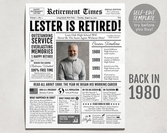 Retirement Gift for Men or Women, Editable Retirement Card Poster Sign, Unique Retirement Party Decoration, Newspaper Back in 1980