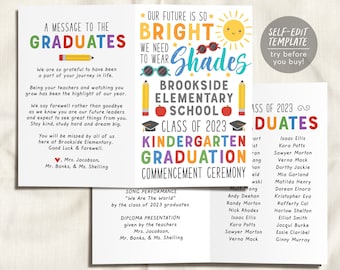 Graduation Program Editable Template for Kindergarten, Pre-K Preschool Ceremony, Future Is So Bright, Child Care Learning Center Pamphlet