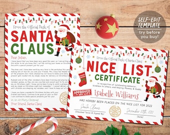 BUNDEL Goedgekeurde brief van de Kerstman, Santa's Nice List Certificaat bewerkbare sjabloon, Gepersonaliseerde Santa Letter Certificaat Direct downloaden